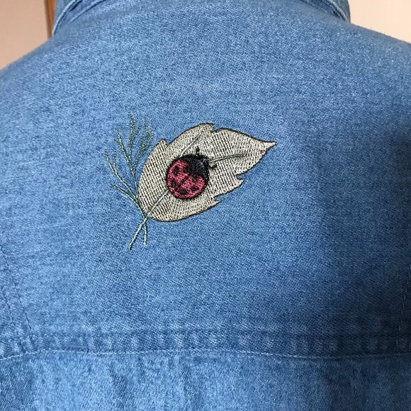 Patchwork Duster, Size L: Upcycled Button-Down Boho Jacket Dress, Lady Bugs - Picture 10 of 13